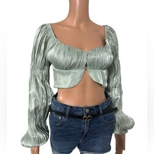 Pistachio Ballon Arm Cropped Top by Saints & Secrets- Size Medium